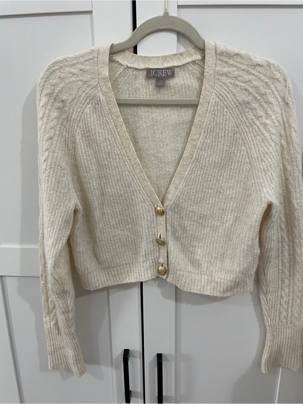 J.Crew Supersoft Cropped Cardigan XS Cream Merino Alpaca Gold Button Cable Knit